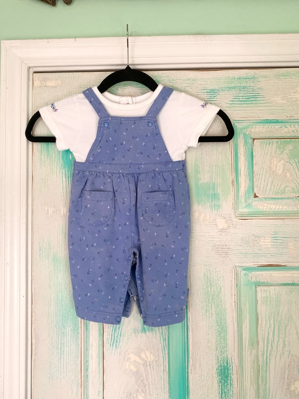Vintage Gymboree Infant Baby Girl Blue Floral Overalls With Shirt 3/6M